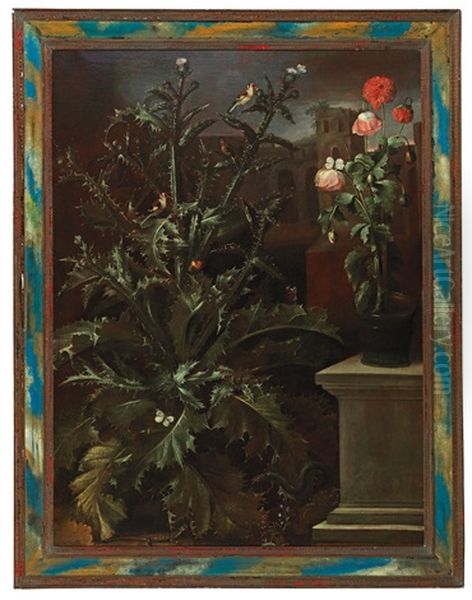 Large Thistle, Nearby A Vase With Flowers Oil Painting by Matthias Withoos