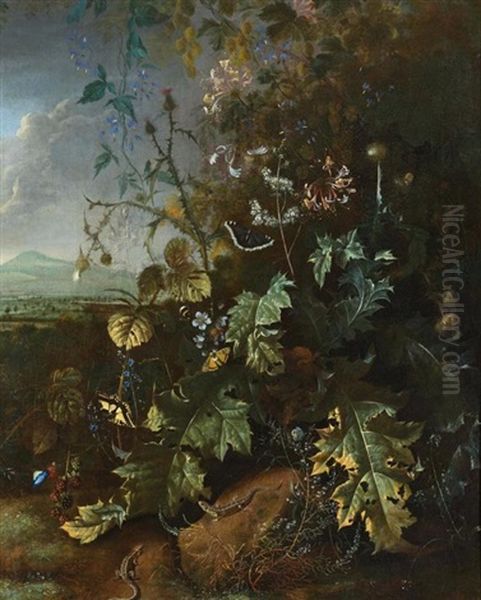 Waldstillleben Mit Schmetterlingen Und Echsen Oil Painting by Matthias Withoos