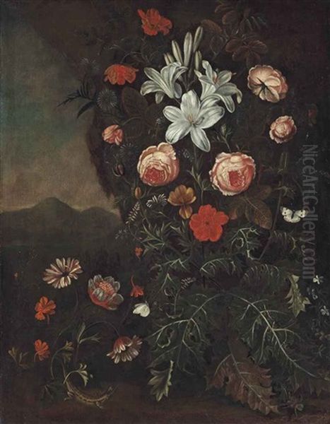 Lillies, Roses And Other Flowers In A Landscape With A Butterfly And A Lizard Oil Painting by Matthias Withoos