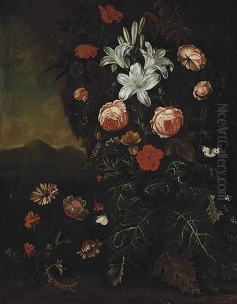 Lillies, Roses And Other Flowers In A Landscape With A Butterfly And A Lizard Oil Painting by Matthias Withoos