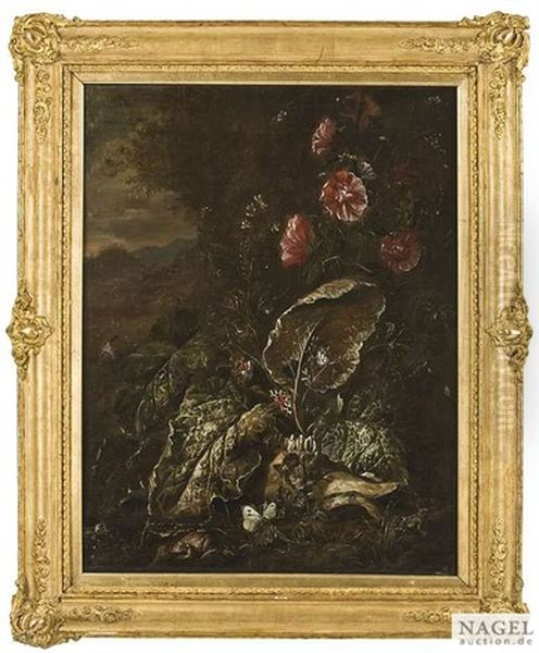 Waldbodenstilleben Mit Kroten, Schmetterlingen, Wildem Spinat Und Blumen, Links Blick In Eine Landschaft Oil Painting by Matthias Withoos