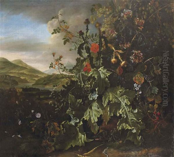 Sous-bois Avec Un Herisson, Un Lezard Et Une Souris Oil Painting by Matthias Withoos