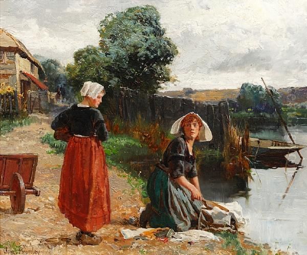 Two Laundry Maids By The River Oil Painting by John Mallard Bromley