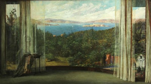 View Of San Francisco Bay, Alcatraz And The Hills Of Marin County Oil Painting by Evelyn Almond Withrow