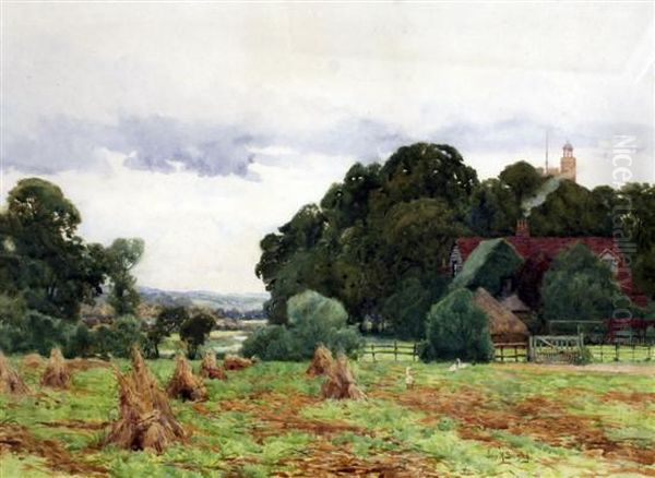 Cornfield With Farm Beyond Oil Painting by John Mallard Bromley