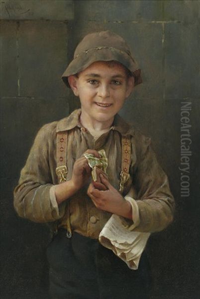 Newsboy Oil Painting by Karl Witkowski