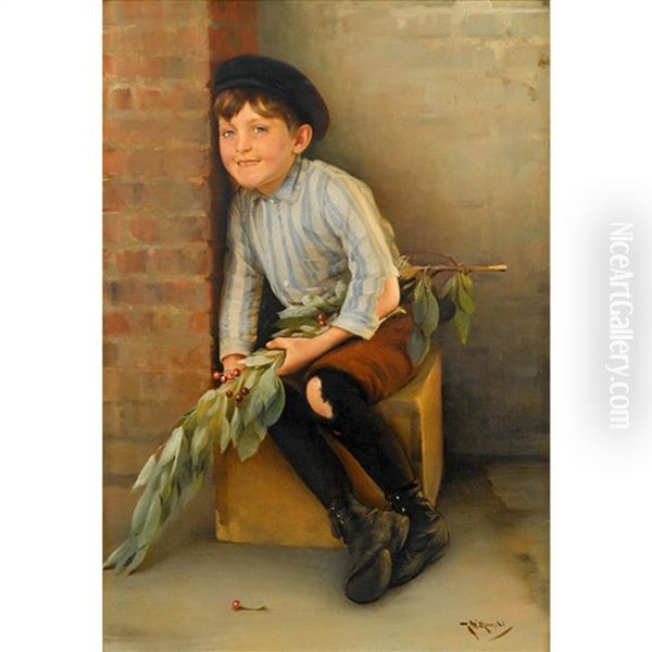 Shoe Shine Boy With Cherry Branch Oil Painting by Karl Witkowski