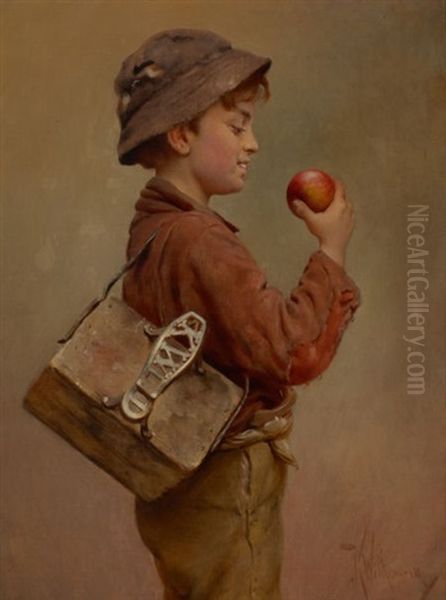 Boy With An Apple Oil Painting by Karl Witkowski