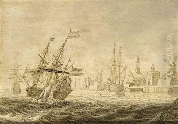 A Man-of-war And Other Shipping In Front Of A Dutch Town Oil Painting by Heerman Witmont