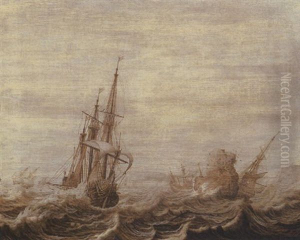 A Penschilderij: Three Masters Off A Rocky Coast In Choppy Waters Oil Painting by Heerman Witmont