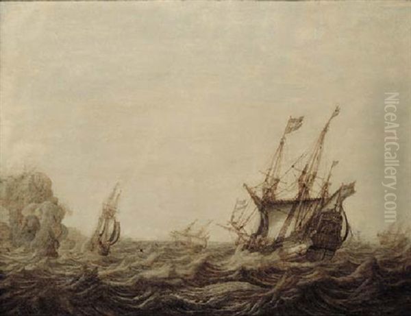 A Penschilderij: Threemasters Off A Rocky Coast In A Stiff Breeze Oil Painting by Heerman Witmont