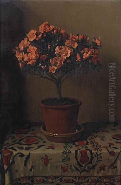 Pot Met Roode Azalia's: Red Azalea In A Pot Oil Painting by Willem Arnoldus Witsen