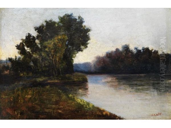 Flusslandschaft Mit Baumen Am Ufer Vor Wolkenhimmel Oil Painting by John Henry Witt