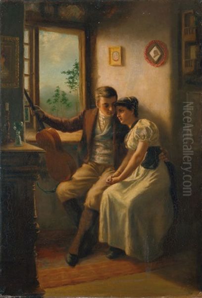 Biedermeierliches Junges Paar Am Fenster Oil Painting by Reinhold De Witt