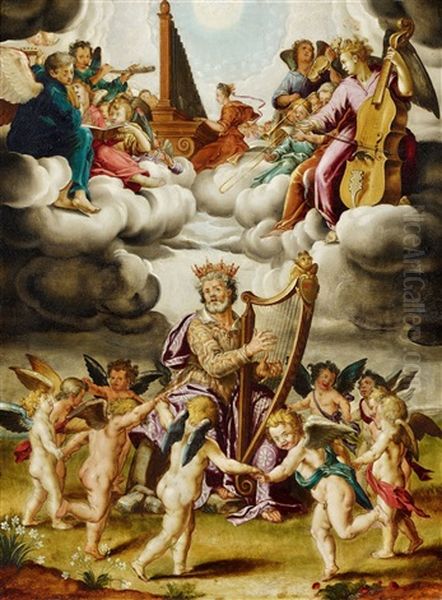 King David With Harp And Music Playing Angels Oil Painting by Peter de Witte the Elder