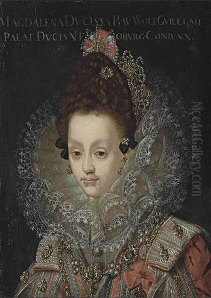 Portrait Of Magdalena, Countess Palatine Of Neuburg And Dutchess Of Julich-berg (1587-1628), Half-length, In A Red Bejewelled Dres... Oil Painting by Peter de Witte the Elder