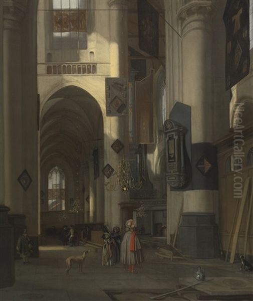 A Church Interior With Elements Of The Oude Kerk And Nieuwe Kerk In Amsterdam, The Epitaph Of Cornelis Johannes De Haan To The Right Oil Painting by Emanuel de Witte