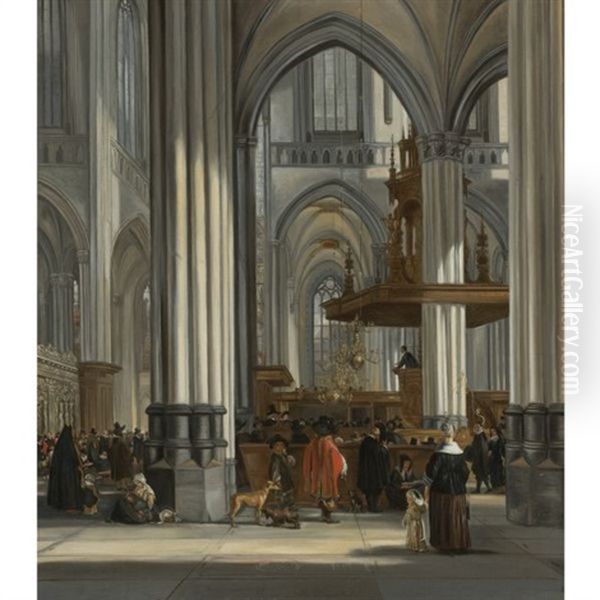 The Interior Of The Oude Kerk, Amsterdam With A Sermon In Progress Oil Painting by Emanuel de Witte