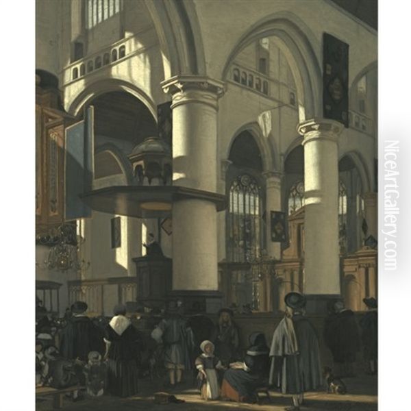 The Interior Of The Oude Kerk In Delft (from The South Aisle To The Crossing, Towards The Noth-east, During The Preaching Of A Sermon) Oil Painting by Emanuel de Witte