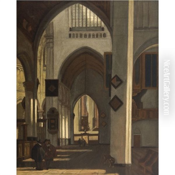 Male Figures And A Dog In A Side Aisle Of A Protestant Gothic Church Oil Painting by Emanuel de Witte