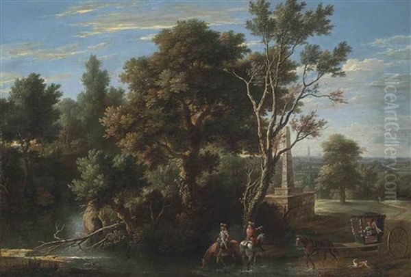 A Wooded River Landscape With Travellers Watering Their Horses by Gaspar de Witte