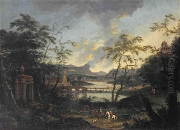 An Italianate River Landscape With Two Equestrian Figures, Peasants And Dogs On A Wooded Path, A Town Beyond Oil Painting by Gaspar de Witte