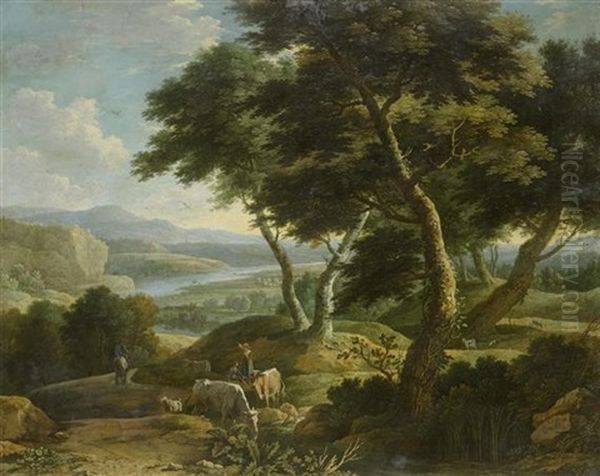 Schaferpaar Mit Herde Vor Einer Weiten Landschaft Oil Painting by Gaspar de Witte