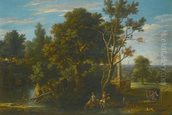 A Landscape With Travellers Stopping To Rest By A River Oil Painting by Gaspar de Witte