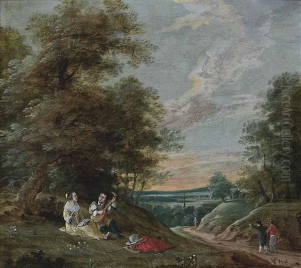 A Wooded Landscape With An Amorous Couple And Travellers On A Track Oil Painting by Gaspar de Witte