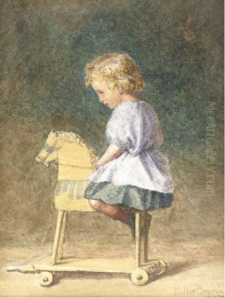 A Young Child Wearing A Striped Smock Sitting On A Woodenhorse Oil Painting by Walter Louis Bromley