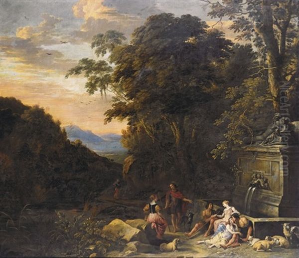 Paesaggio Italianizzante Con Pastori Presso Una Fontana Oil Painting by Gaspar de Witte