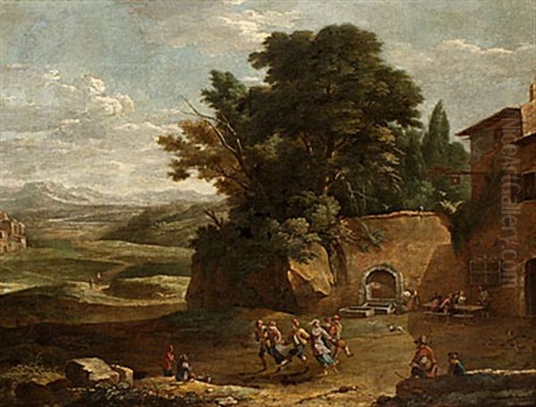 Landskap Med Festande Bondebefolkning Oil Painting by Gaspar de Witte