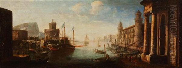 Capriccio Of A Harbour With Shipping, A Temple, Fortifications And A Tower Oil Painting by Gaspar van Wittel