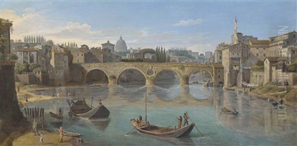 The Tiber, Rome, With The Ponte Sisto Oil Painting by Gaspar van Wittel