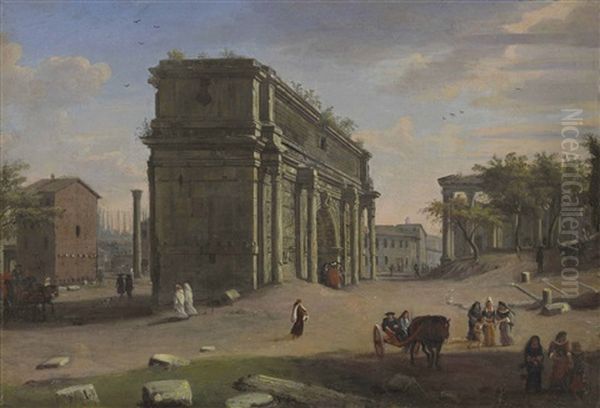 The Campo Vaccino, Rome, With The Arch Of Septimus Severus Oil Painting by Gaspar van Wittel