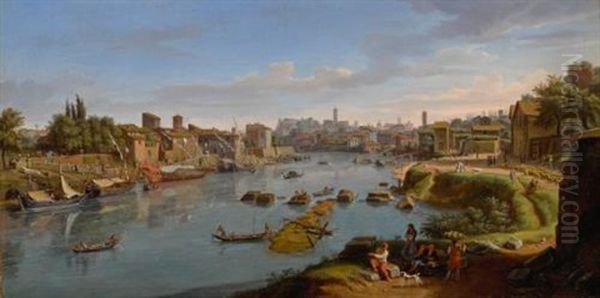 Rome, A View Of The Port Of Ripa Grande Oil Painting by Gaspar van Wittel