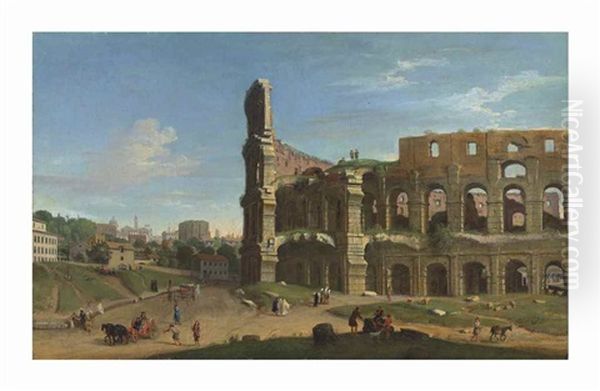 The Colosseum, Rome, From The Meta Sudans, With Figures And Horse Drawn Carriages In The Foreground by Gaspar van Wittel