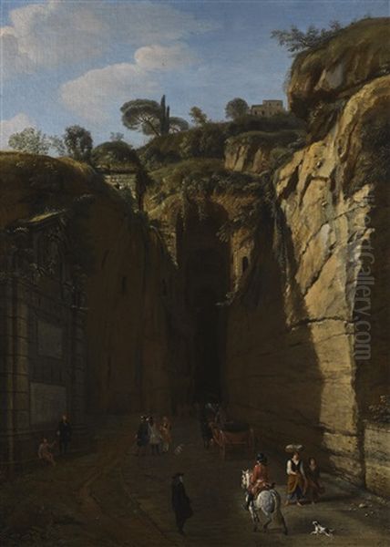 A View Of The Grotto At Pozzuoli With Virgil's Tomb Oil Painting by Gaspar van Wittel