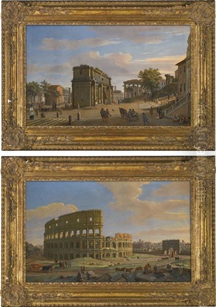 Two Views Of Rome: The Arch Of Septimius Severus With The Temple Of Saturn; And The Colosseum With The Arch Of Constantine Oil Painting by Gaspar van Wittel