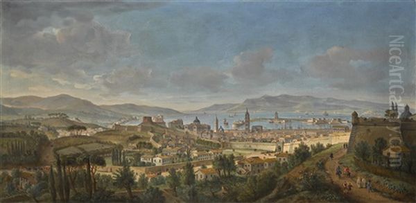 Messina, A Panoramic View Of The City Towards The Sea From The Colle Del Tirone Oil Painting by Gaspar van Wittel