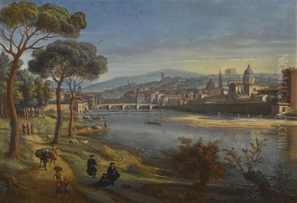 Florence, A View Of The City From The Cascine, With The River Arno, The Ponte Santa Trinita And The Ponte Vecchio Oil Painting by Gaspar van Wittel