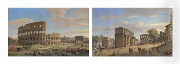 The Coliseum, Rome, With The Arch Of Constantine (+ The Arch Of Septimius Severus, Rome, With The Temple Of Saturn; Pair) Oil Painting by Gaspar van Wittel