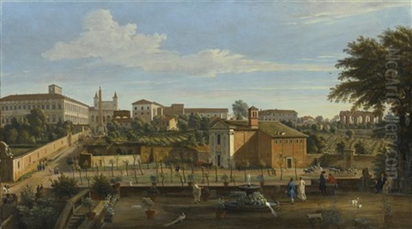 Rome, A View Of The Church Of Santi Marcellino E Pietro, From The Vigna Ciccolini, With The Palazzo Laterano, The Church Of San Giovanni In Laterano, The Ospedale Di San Giovanni And Ruins Of The Claudian Aqueduct Beyond Oil Painting by Gaspar van Wittel