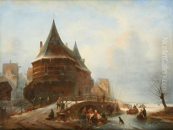 Patineurs Devant La Ville Fortifiee Oil Painting by Alexander Joseph Wittevronghel