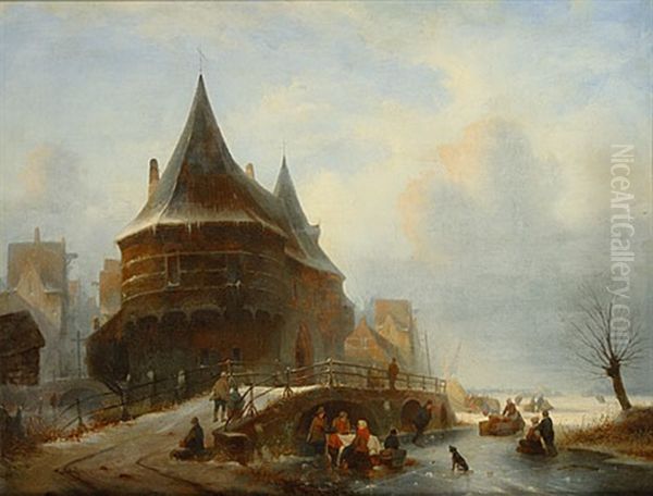 Lac Gele Pres D'une Ville Oil Painting by Alexander Joseph Wittevronghel