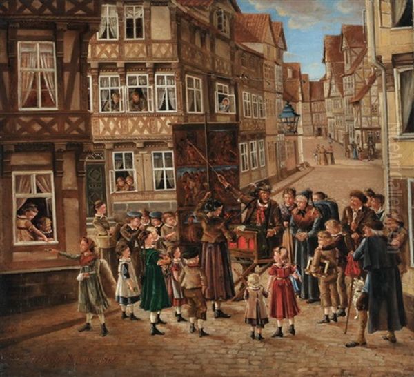 Moritatensanger Mit Drehleiher In Einer Gasse Mit Fachwerkhausern In Der Mundener Innenstadt Oil Painting by Friedrich Wilhelm Wittig