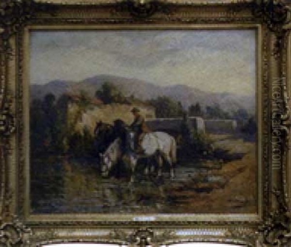 Cavalier Et Chevaux S'abreuvant Oil Painting by Walther Guenther Julian Witting