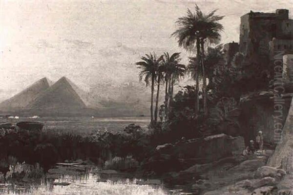 Figures By A Pool With Pyramids In The Distance by Carl Wittke