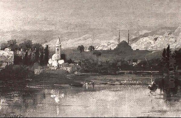 Middle-eastern Landscape With A Mosque In The Distance Oil Painting by Carl Wittke