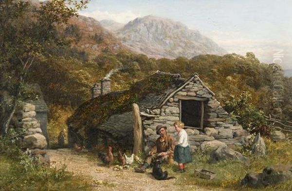 Figures And Chickens Before A Stone Cottage Oil Painting by Valentin Walter Bromley